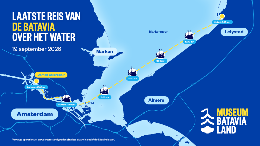 Routekaart van de Batavia op 19 september 2026, van Lelystad via het Markermeer en het IJ naar Damen Shiprepair in Amsterdam, met passeertijden